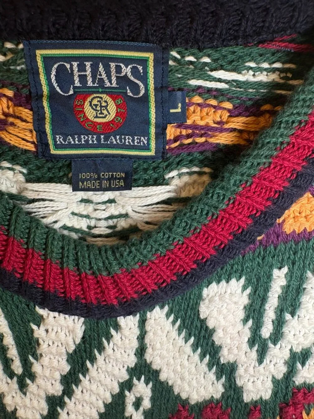 Vintage Ralph Lauren Chaps 90s Fair Isle Cotton Academia Apres Ski Sweater L